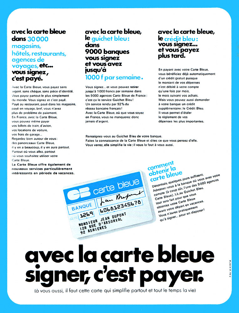 Advert Carte bleue 1969