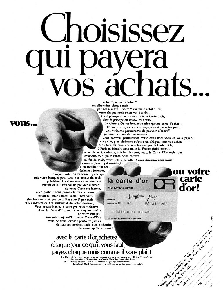 Advert Carte Or 1968