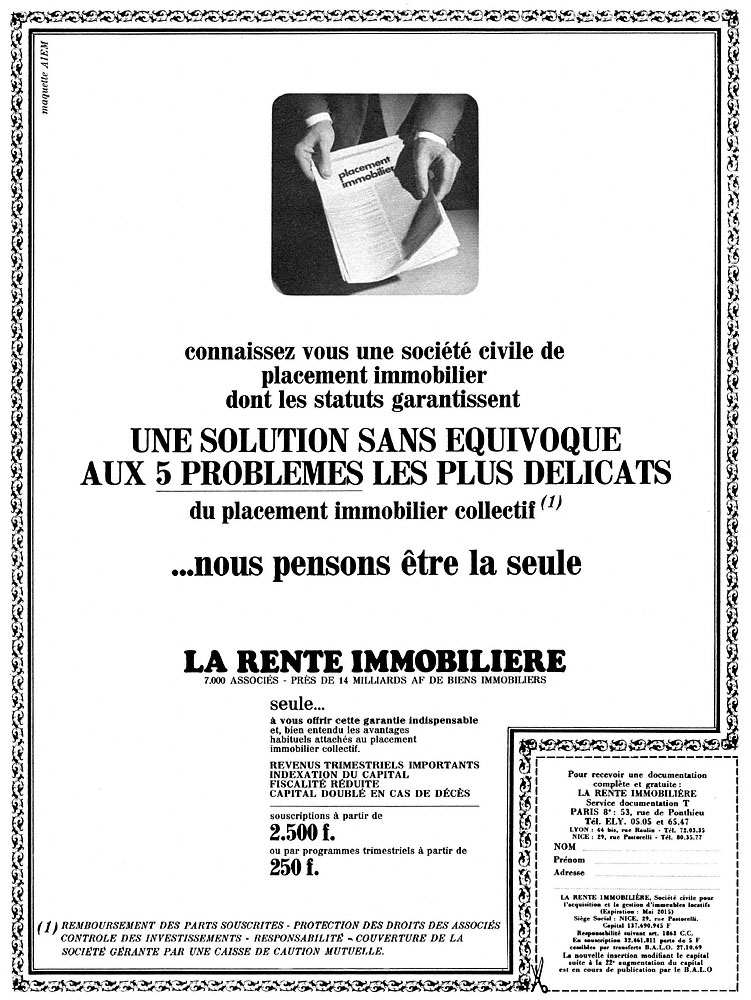 Advert Rente Immobili�re 1970