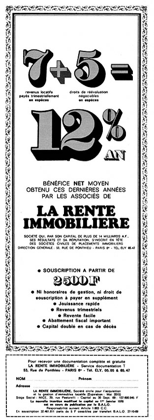 Advert Rente Immobilire 1970
