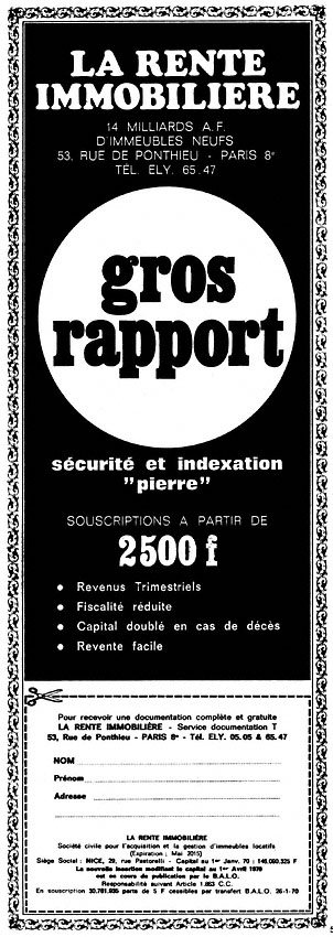 Advert Rente Immobili�re 1970