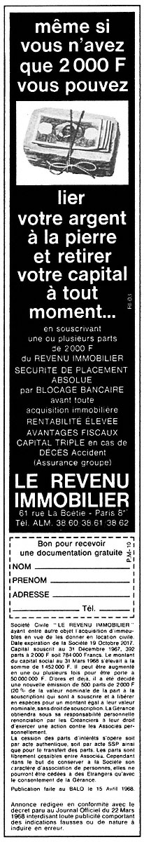 Advert Revenu Immobilier 1968