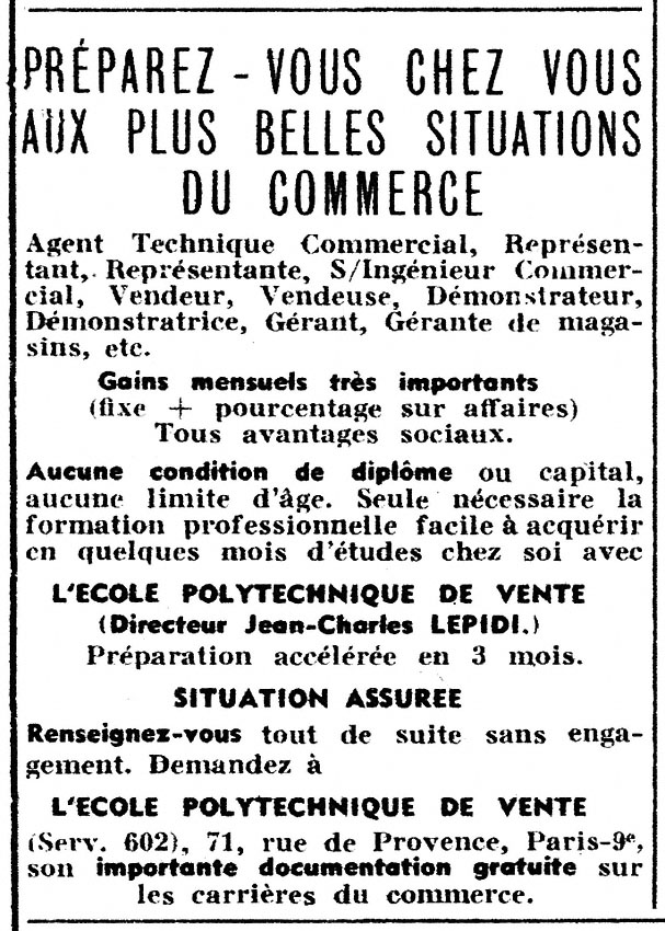 Advert Ecole Poly Vente 1956