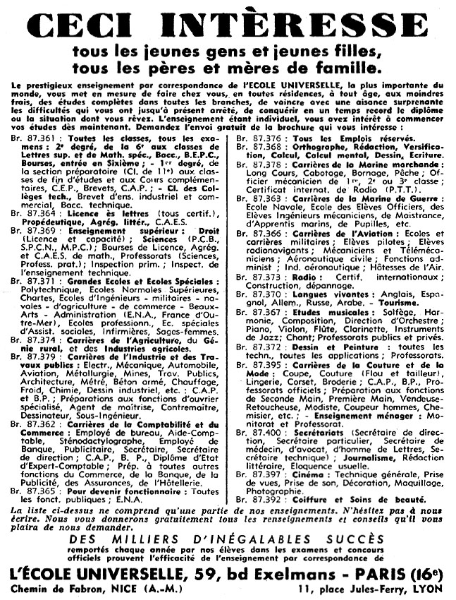 Advert Ecole Universelle 1951