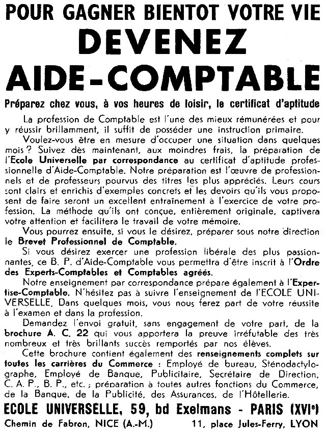 Advert Ecole Universelle 1954
