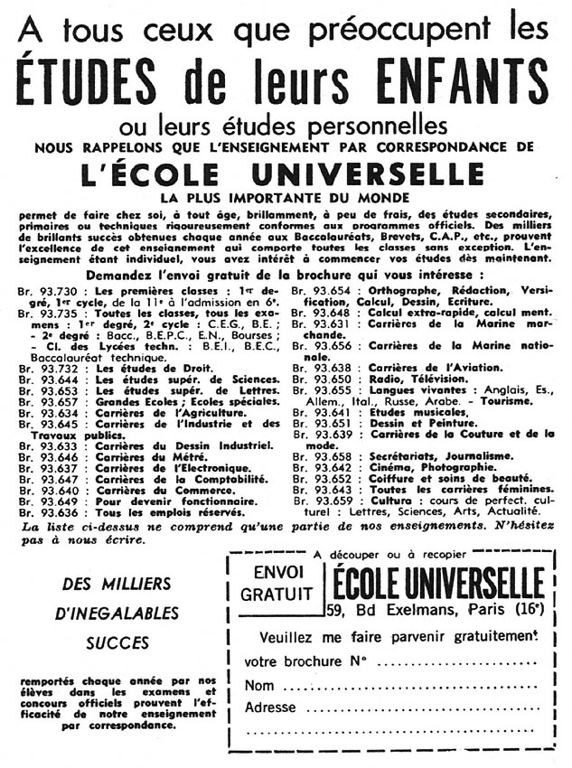 Advert Ecole Universelle 1959