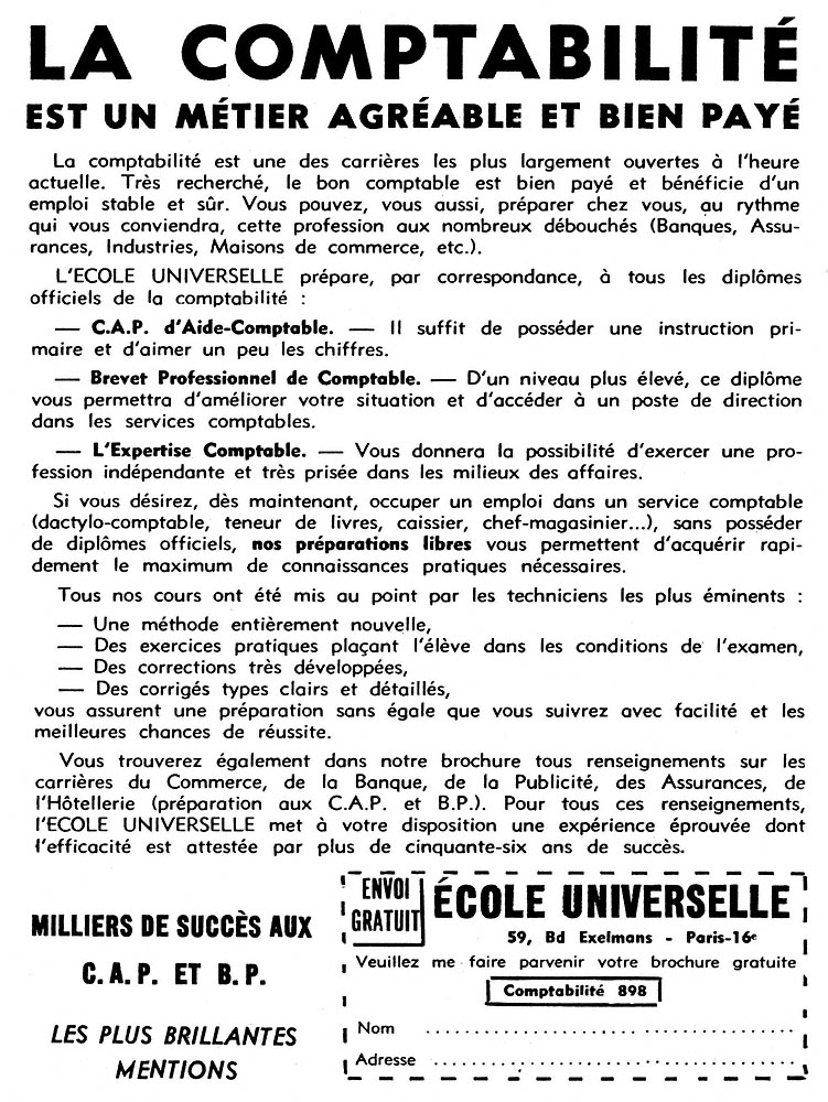 Advert Ecole Universelle 1964