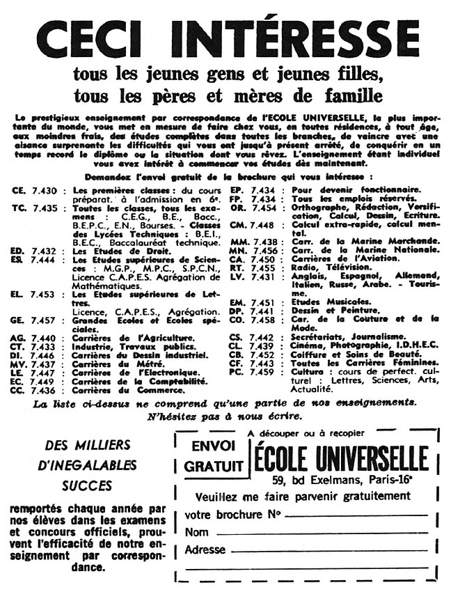 Advert Ecole Universelle 1964