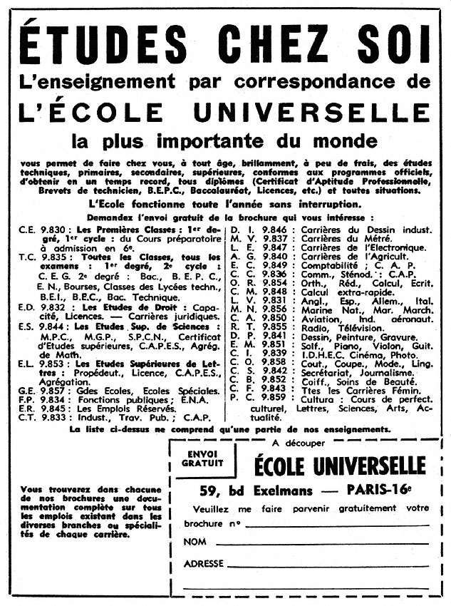 Advert Ecole Universelle 1964