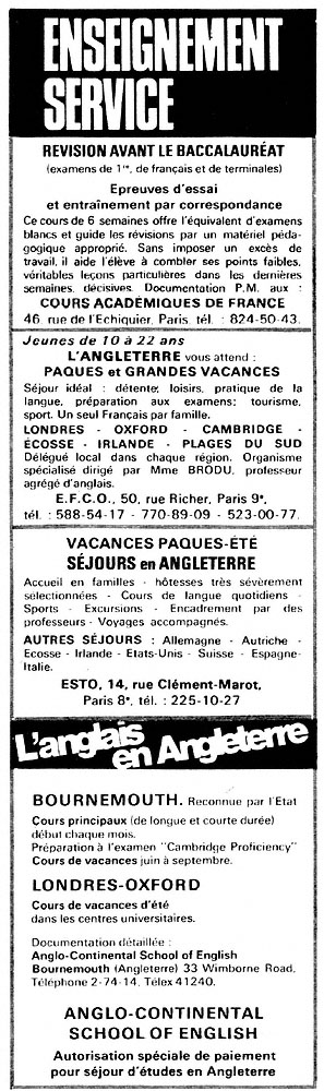 Advert Enseignement Service 1970