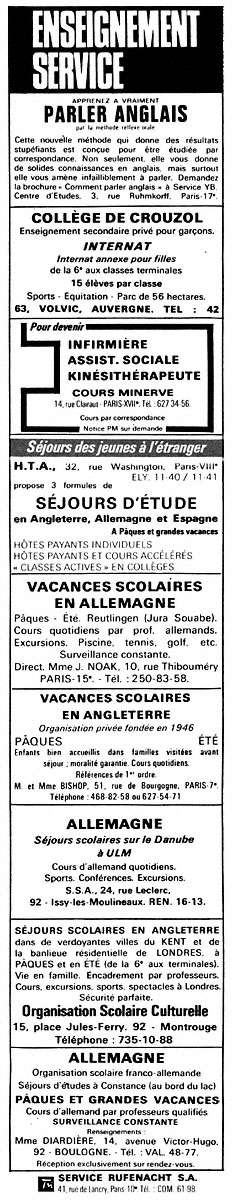 Advert Enseignement Service 1967