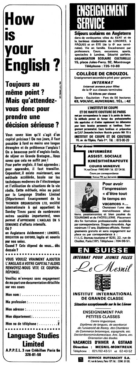 Advert Enseignement Service 1967
