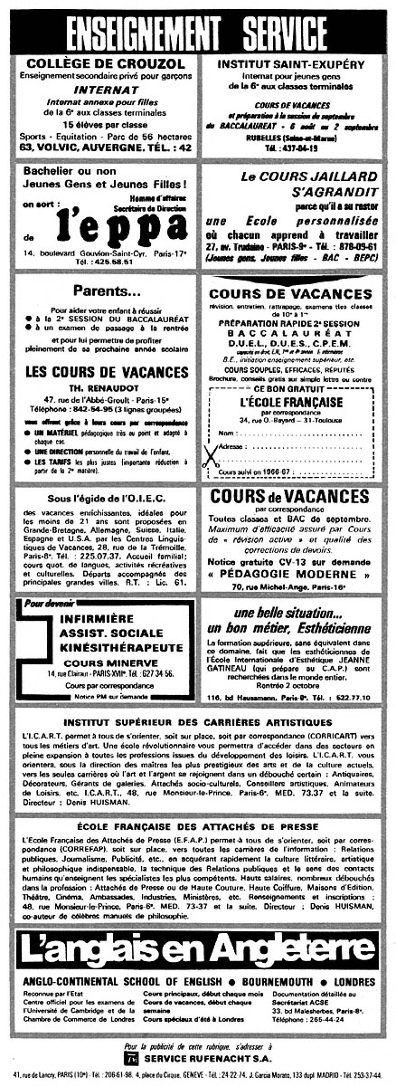 Advert Enseignement Service 1967