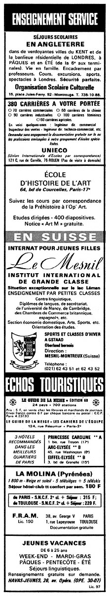Advert Enseignement Service 1968