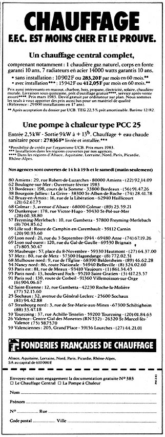 Advert Divers Chauffage 1983