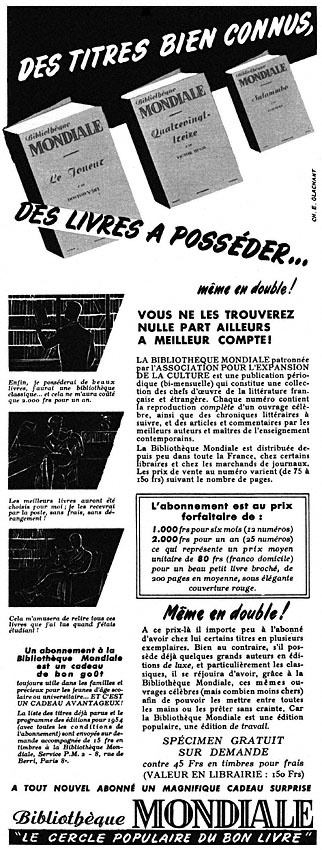 Advert Bibliotheque Mondiale 1954