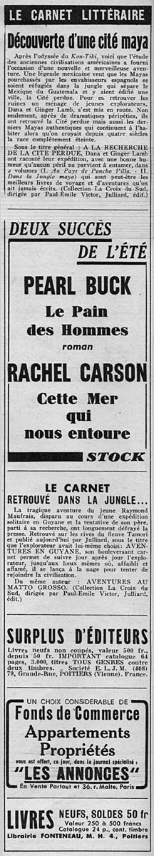 Advert Carnet Littraire 1952