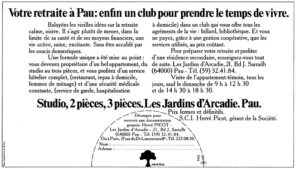 Advert Jardins Arcadie 1974