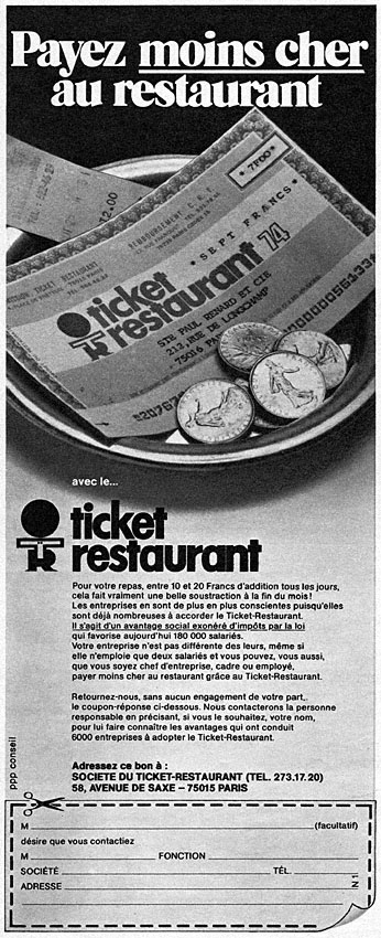 Advert Tickets Restaurant 1974
